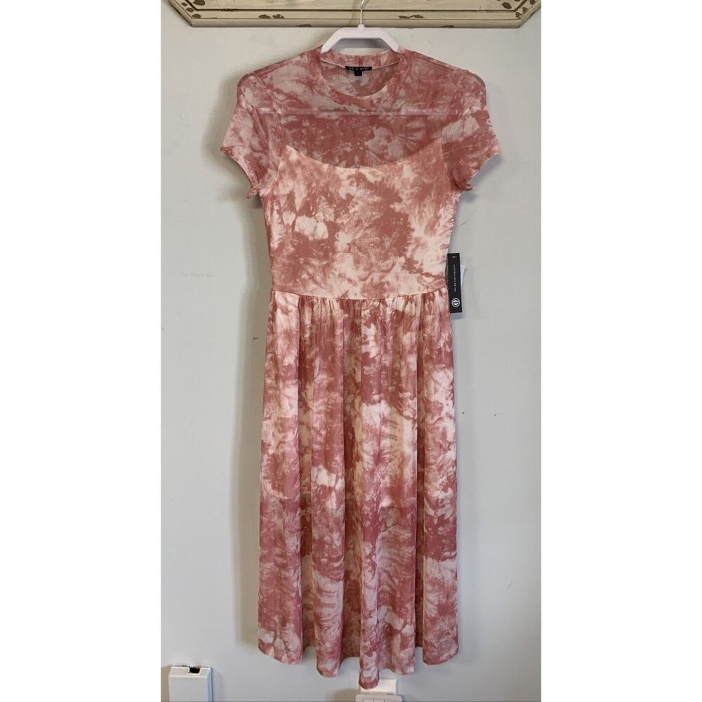 NWT As u Wish Dress Fit Flare Pink White Tye Dye Design Short Sleeve Large